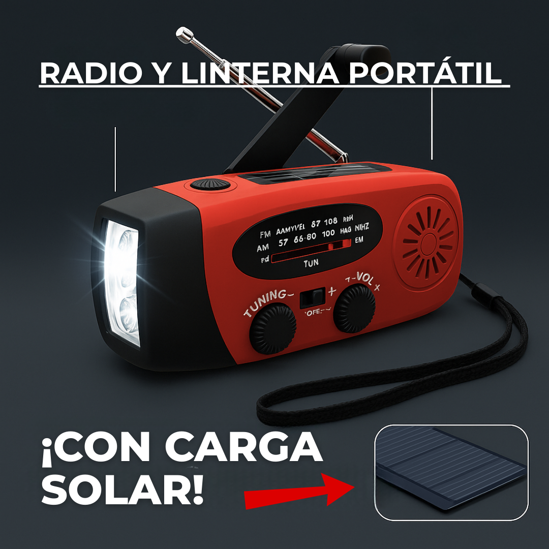Linterna de Emergencia con Radio y Carga Solar – Ideal para Cortes de Luz y Camping