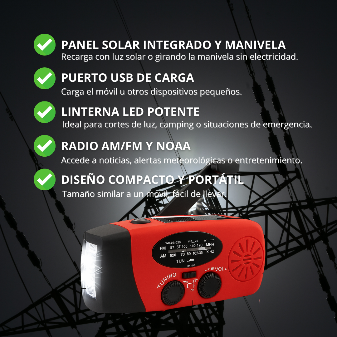 Linterna de Emergencia con Radio y Carga Solar – Ideal para Cortes de Luz y Camping